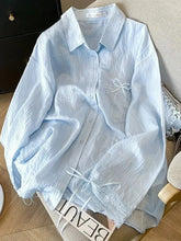 Blue Sweet Sun Proof Shirt Women Lace Patchwork Bow Korean Blouse Loose Fashion Long Sleeve Elegant Female Casual Cute Tops voguable