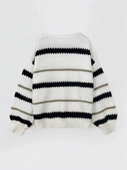 Casual contrasting striped round neck long sleeved women's knitted sweater voguable
