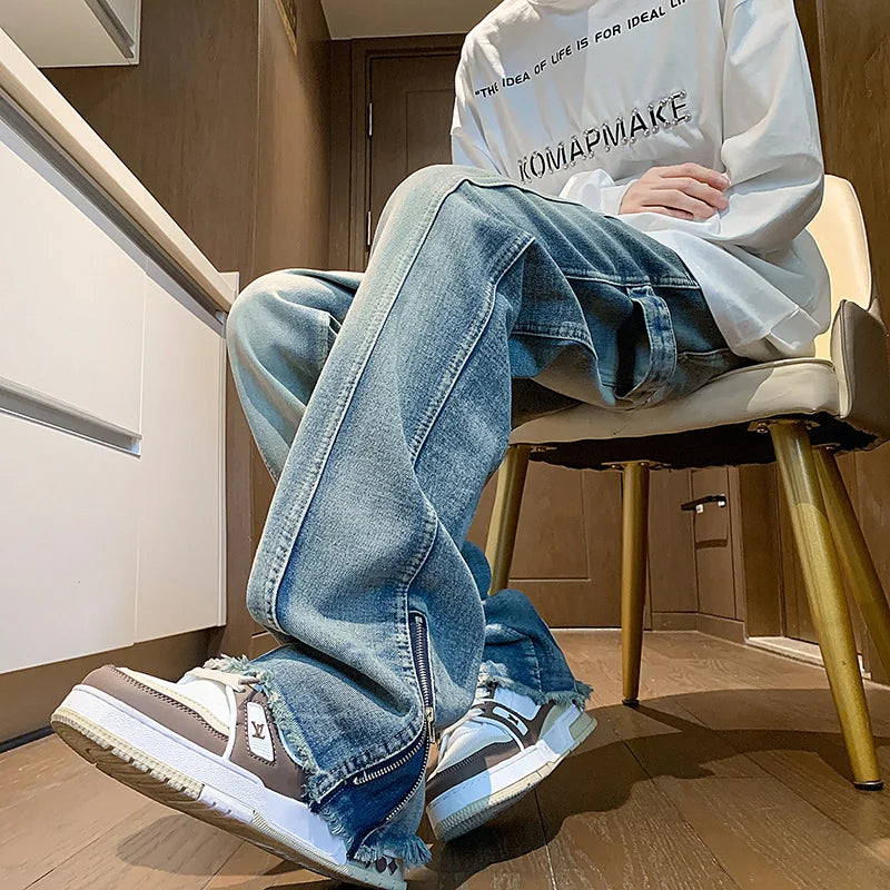 Autumn jeans men New Fashion Side Zipper Casual Jean Pants Men High Street Loose Straight Pant Mens Vintage All-match Trousers voguable