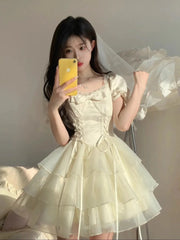 Voguable Japanese Lolita Style Princess Mini Dress Women Short Sleeve Bow Ruffle Birthday Dresses Summer Korean Fashion Party Dresses voguable