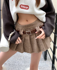 Y2K Low Rise Houndstooth Mini Skirt with Belt Woolen Pleated Mini Skirt Ladies Autumn Winter Outfit voguable