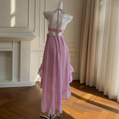 Fashion Check Dress Women's Halterneck Sleeveless Backless A Line Dresses 2025 Summer New Tide 3QW1328 voguable