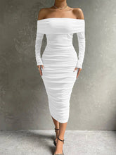 Voguable Women's Long Sleeve Off-Shoulder Sexy Dress Solid Color Pleated Midi Slim Dress for Cocktail Party and Evening Wear voguable