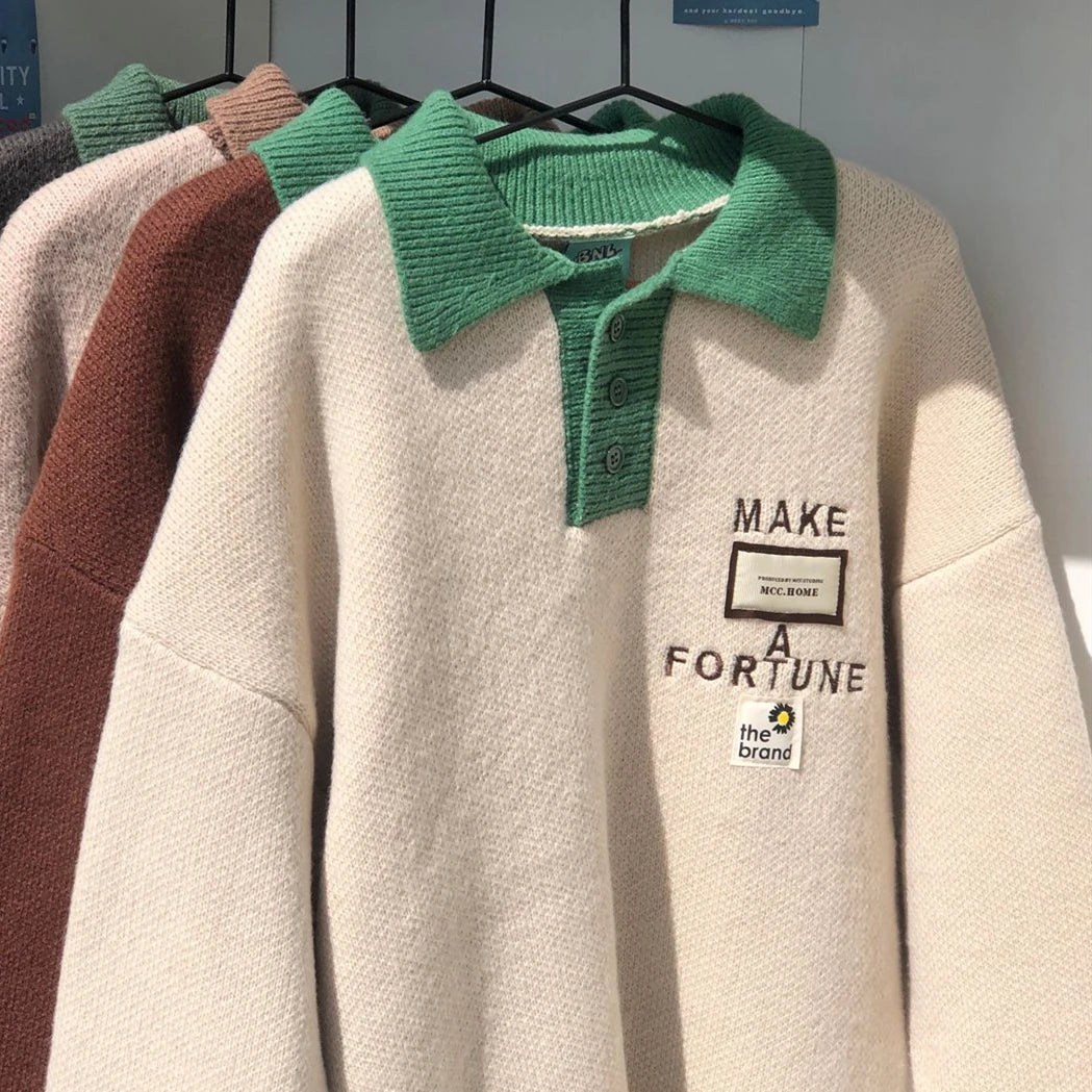 Voguable Ins High Street Cute Embroidery Buttons POLO Shirt Sweaters for Men Baggy Oversized Pullover Harajuku Streetwear Winter Clothes voguable