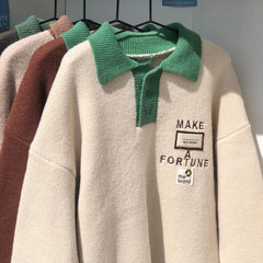 Voguable Ins High Street Cute Embroidery Buttons POLO Shirt Sweaters for Men Baggy Oversized Pullover Harajuku Streetwear Winter Clothes voguable