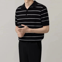 Men's Clothing Light Luxury Business Striped Polo Shirt Casual Slim-fit Knitted Short Sleeve T-shirt High Quality Patchwork Tops voguable