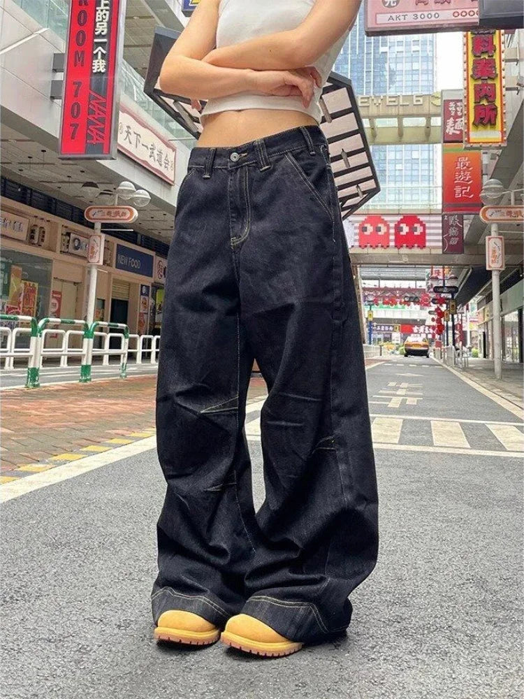 Grunge Black Jeans Women Y2k Vintage Oversized High Street Wide Cargo Denim Trousers Casual Baggy Straight Denim Pants voguable