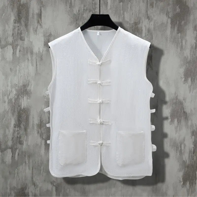 Voguable Summer Men's New Chinese Style Patchwork V-Neck Fashion Solid Color Button Pocket Casual All-match Sleeveless Vest Tops voguable