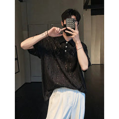 Mens Summer Short Sleeve Loose Fit Casual polo men Trendy Hollow Out Design Streetwear Fashion Top New Stylish Mesh Tee POLO voguable