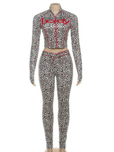 Voguable Leopard Letter Tracksuit Women 2 Piece Set Y2K Zip Crop Jacket+Metal Sash Leggings Sporty Matching Stretch Streetwear voguable