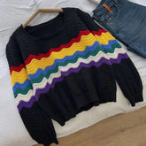 Voguable Women Trendy Rainbow Striped Hollow Out Chic Sweet Knitted Sweater Autumn Square Collar Long Sleeve Loose Pullover Tops Jumpers voguable