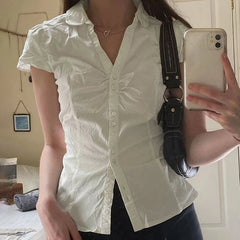 Vintage Folds Crop Top White Button Up Short Sleeve Blouse Women Bandage Korean Fashion T-shirt Casual Streetwear y2k Tee voguable