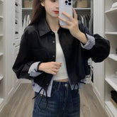 Vintage Patchwork Crop Jacket for Women Autumn Streetwear Splicing Pu Leather Outerwear Y2K Gothic Single Breasted Female Coat voguable