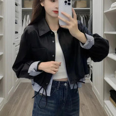 Vintage Patchwork Crop Jacket for Women Autumn Streetwear Splicing Pu Leather Outerwear Y2K Gothic Single Breasted Female Coat voguable