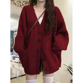 Voguable Wine Red Preppy Style Fashion Sweater Coat V-Neck Drop-shoulde Autumn Winter Loose Oversize Long Sleeve Cardigans Knitted Tops voguable