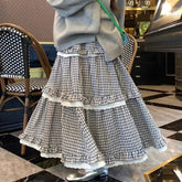 Kawaii Harajuku Plaid Skirt Women Preppy Style Sweet Long Skirts Retro Lace Patchwork A-line Ruffle Skirts Streetwear voguable