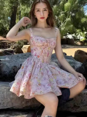 Women's Elegant Dresses French Print Summer New 2025 Casual Slim Waist A-Line Square-Collar Pleated Spaghetti Strap Vestidos voguable