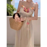 French 3D Flower Tank Dress Women's Summer Soft Mesh Long Dress White Open-back Waist-fitted A- line Skirt voguable