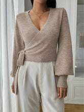 Ladies' autumn and winter fashion solid color V-neck lace up cardigan knitted sweater voguable