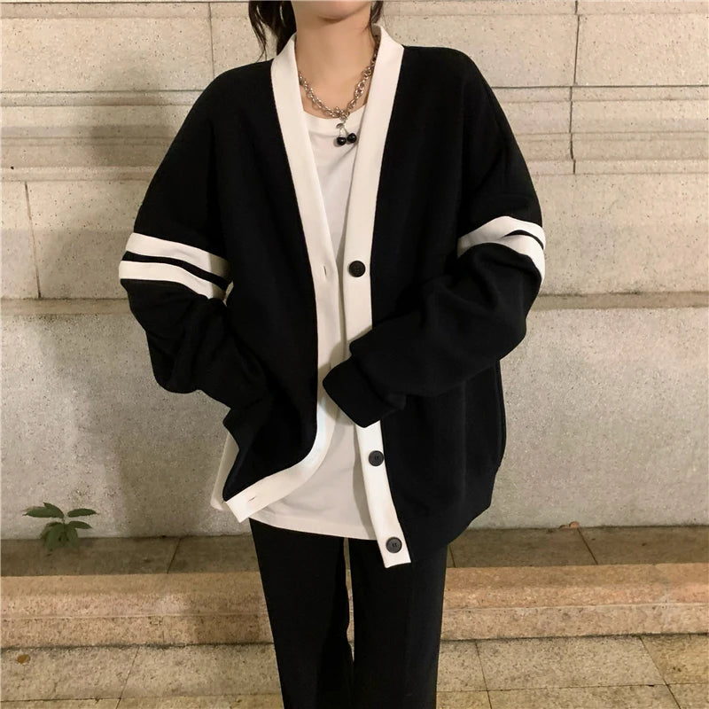 Varsity Cardigan Sweater for Women Long Sleeve V-Neck Button-up Knit Slouchy Cardi Korean School-girl Preppy Fall Winter Outfit voguable