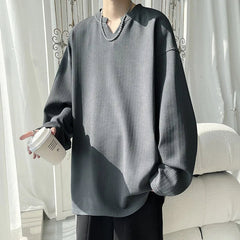 White Long Sleeved T-shirt Men Oversized Casual V-neck T Shirt Men Streetwear Korean Loose Pleated T Shirt Mens Top M-3XL voguable