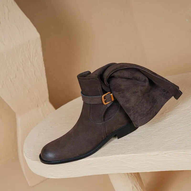 New Vintage Women Knee-High Boots Cow Suede Leather Thick Heels Office Ladies Working Shoes Woman Autumn Winter Retro Style voguable