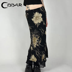 Vintage Floral Print Low Rise Long Skirt Streetwear 90s Slim-fitting Women's Skirts Harajuku y2k Aesthetic Ladies Bottoms voguable