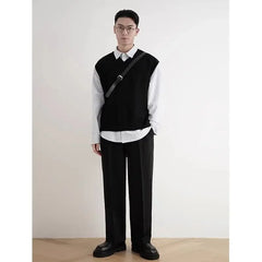 2024 Early Autumn Simple Black V-neck Knitted Sweater Vest for Men Classic Fashion Harajuku Loose Casual All-match Inner Vest voguable