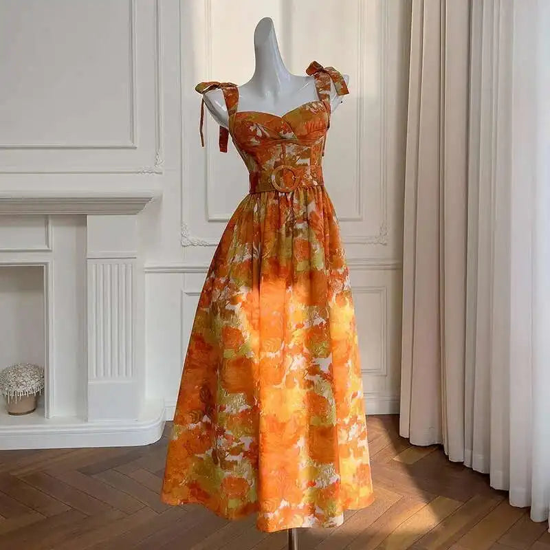 2025 New Print Women's Spaghetti Strap Dress Bow Sashes Zipper Color Contrast Sleeveless Backless Dresses Female voguable