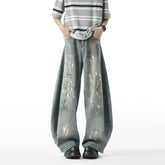 Men Blue Washed Denim Jeans Loose Fit Wide Leg Baggy Streetwear Casual Trousers Hip Hop Graffiti Design Fashion Stretch Comfort voguable