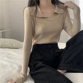 Autumn Winter Women Lapel Pullover Sweaters Basic Long Sleeve Knitted Sweater for Woman Solid Color Jersey Tops Clothes Mujer voguable