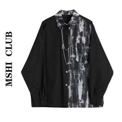 Spring Autumn New Fashion Turn-down Collar Long Sleeve Tie Dye Blouse Men's Clothing Patchwork Chain Button Korean Trend Shirts