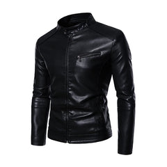 2022 PU Casual Leather Jacket Men Fleece Motorcycle Biker Slim Fit Outerwear Men Solid Stand Collar Leather Jackets voguable
