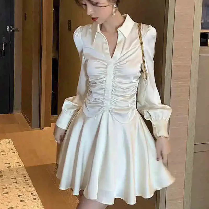 Voguable Elegant Glossy Satin Mini Dress Women Turn Down Collar Bubble Sleeve Ruched Slim High Waist Flowy A Line Shirt Dresses voguable