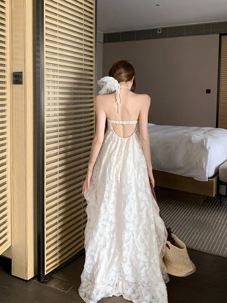 Holiday Style Halter Backless Party Dress for Women Spring Summer New Fairy Beach Sleeveless Long Dresses voguable