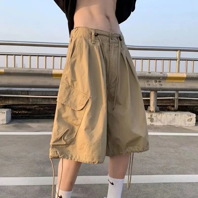 Voguable 7-point Men Summer Thin Japanese Workwear Wide-leg Loose Over-knee Shorts voguable