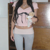 Voguable Coquette Contrast Bow Folds Cropped Top White Pink Women's Summer Short Sleeve Slim-fitting Short Sleeve T-shirt Y2K voguable