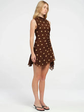 Sleeveless Polka Dot Dress For Woman Fashion Brown Print Mesh O Neck Ruched Mini Dress Elegant Irregular Dresses voguable