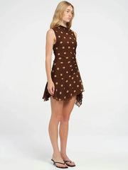 Sleeveless Polka Dot Dress For Woman Fashion Brown Print Mesh O Neck Ruched Mini Dress Elegant Irregular Dresses voguable