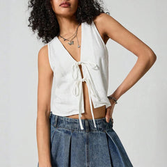 Blouses Spring Summer Fitting Slim Casual Lace-Up Sleeveless V-Neck Daily Blouses For Women voguable