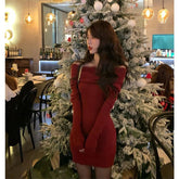 Voguable Vintage Red Knitted Mini Dress Women Christmas Sexy Slash Neck Dresses Winter Korean Long Sleeve Bodycon Hip Wrap Vestidos New voguable