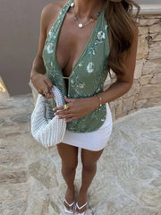 Glitter Deep V Neck Sexy Tank Tops Women Vest Pullovers Summer New Sparkle Backless Cropped Tops Elegant Beach Tops voguable