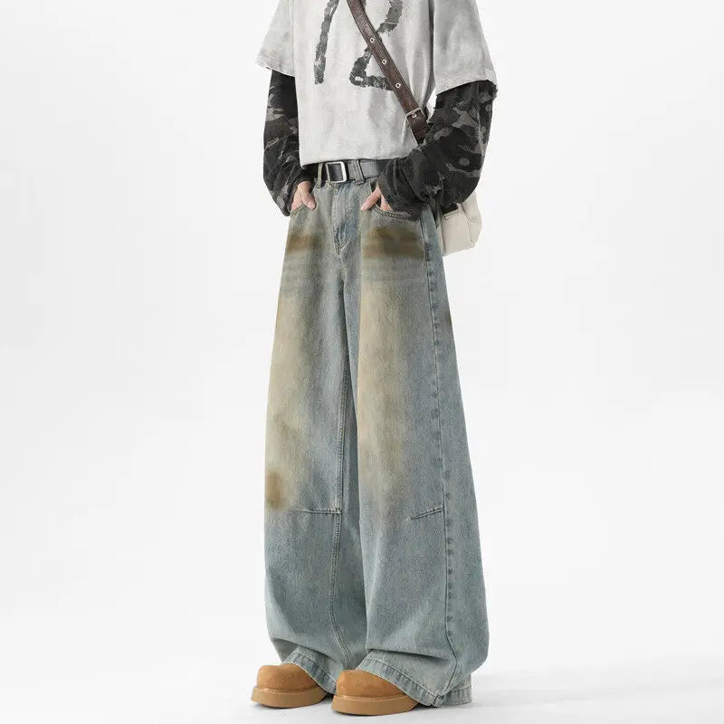 Men Baggy Wide Leg Jeans Washed High Street Fashion Trendy Casual Streetwear Oversized Fit Light Blue Vintage Wash Trousers voguable
