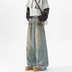 Men Baggy Wide Leg Jeans Washed High Street Fashion Trendy Casual Streetwear Oversized Fit Light Blue Vintage Wash Trousers voguable