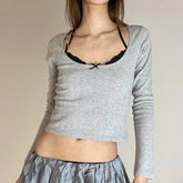 Voguable Y2K Contrast Color Lace Patchwork Fake Two-piece Cropped Top Spring Summer Slim-fit Long Sleeve Knitted T-shirt Cute voguable