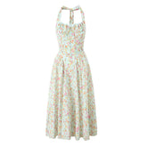 Lace Trim Floral Print Halter Dress For Women Sexy Backless Low Waist Midi Summer Dresses Holiday Party Robe