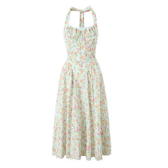 Lace Trim Floral Print Halter Dress For Women Sexy Backless Low Waist Midi Summer Dresses Holiday Party Robe