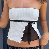See Through Lace Stitched Corset Top Vintage 2000s Casual Contrast Patchwork Strapless Tube Crop Top Women Summer y2k Tee voguable