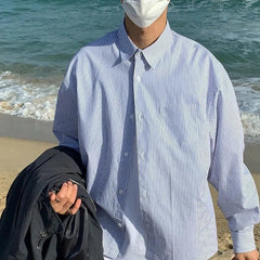 Man Stylish Button Blouse Simple Striped Long Sleeve Summer Spring Cardigan Stripe Blue Classic Casual Oversize Button Up Shirts voguable