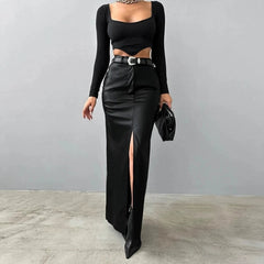 Sexy Slit Pu Leather Skirts Women High Waist Streetwear Slim Female Midi Skirts Y2K Korean Elegant Party Night Lady A Line Skirt voguable